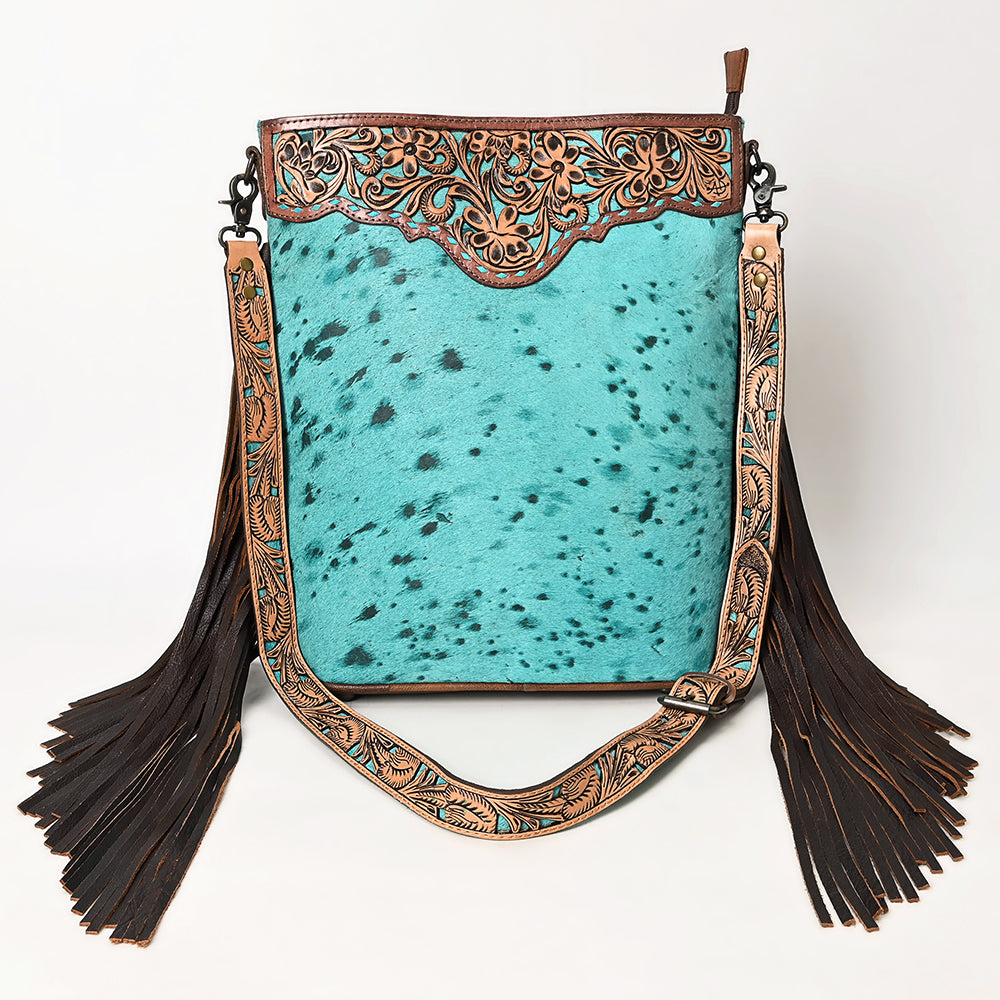 ADBG1493 Turquoise Hair-On Cowhide Western Crossbody Bag with Hand Tooled Floral Leather & Fringes - American Darling