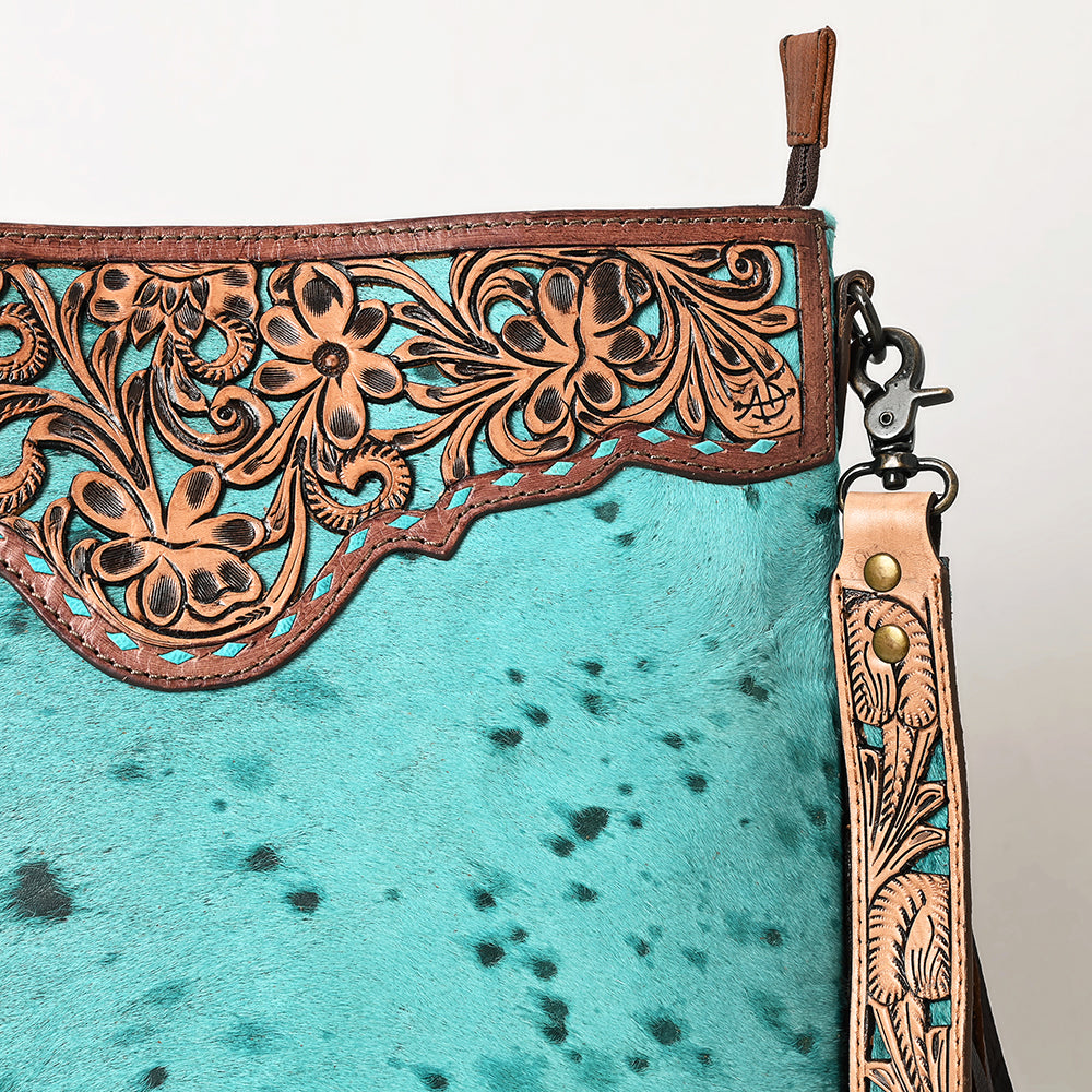 ADBG1493 Turquoise Hair-On Cowhide Western Crossbody Bag with Hand Tooled Floral Leather & Fringes - American Darling