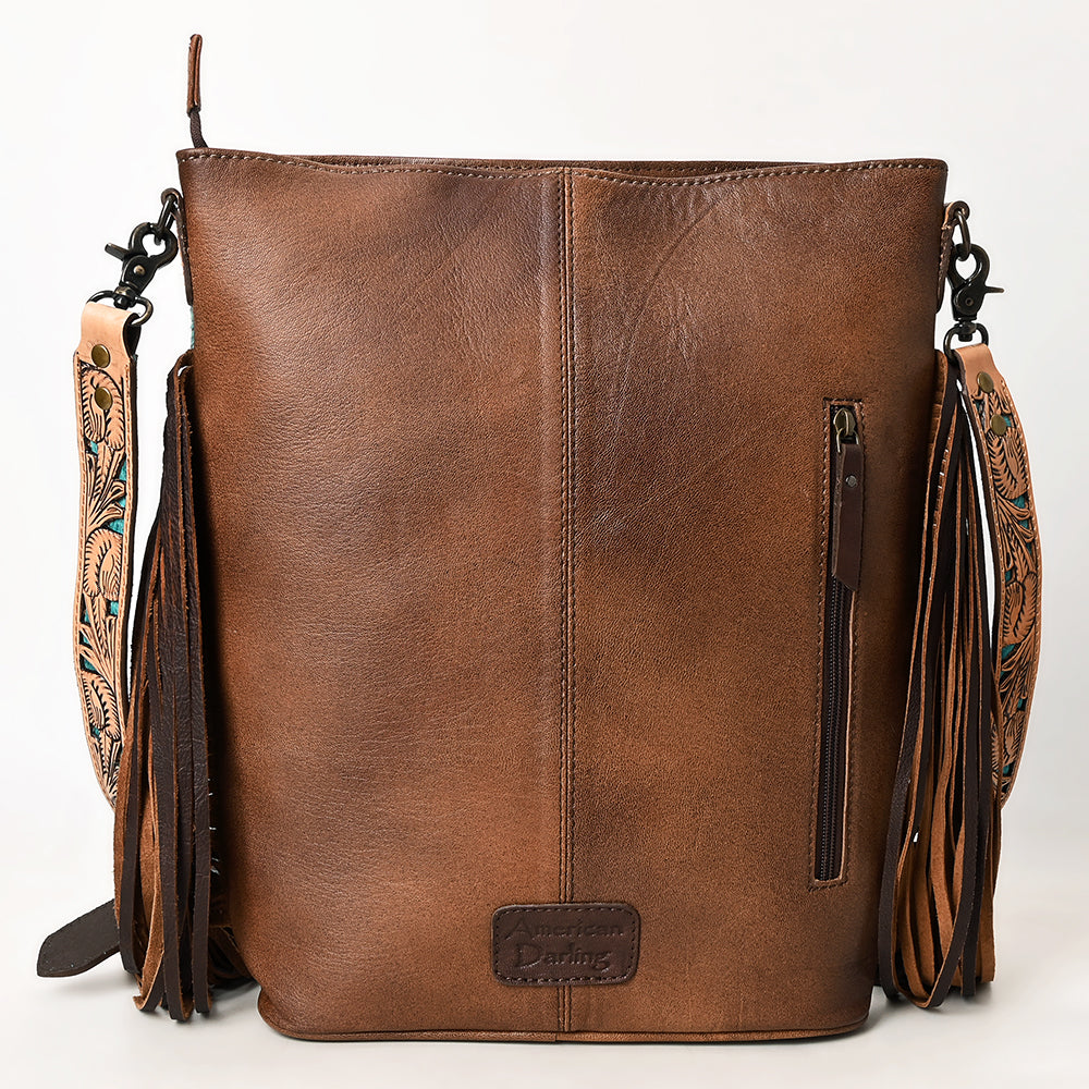 ADBG1493 Turquoise Hair-On Cowhide Western Crossbody Bag with Hand Tooled Floral Leather & Fringes - American Darling