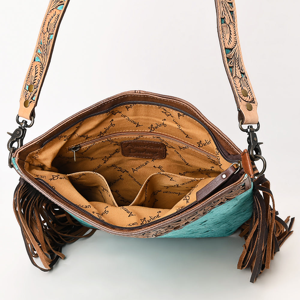 ADBG1493 Turquoise Hair-On Cowhide Western Crossbody Bag with Hand Tooled Floral Leather & Fringes - American Darling