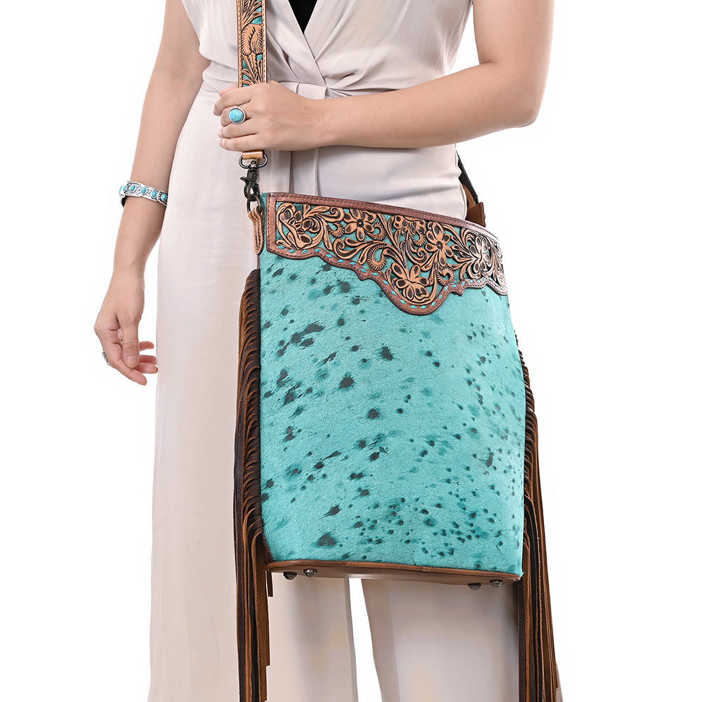 ADBG1493 Turquoise Hair-On Cowhide Western Crossbody Bag with Hand Tooled Floral Leather & Fringes - American Darling