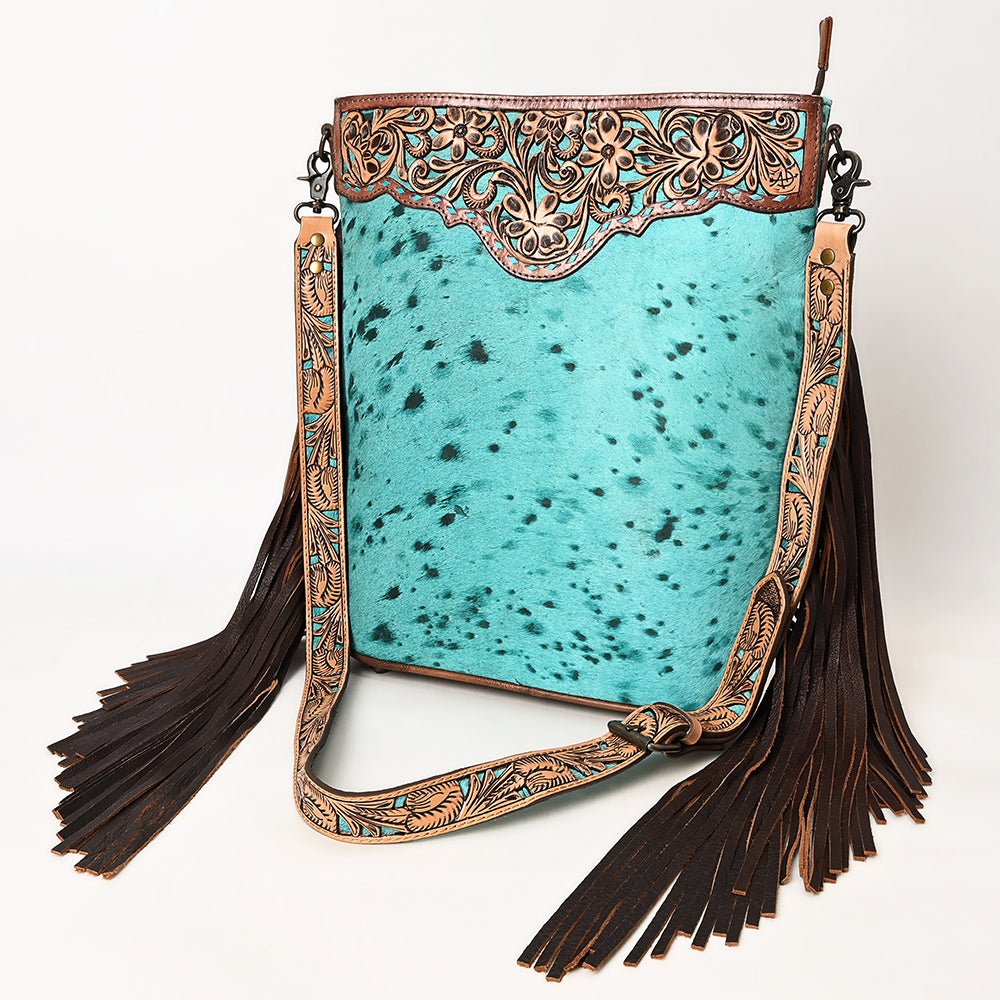 ADBG1493 Turquoise Hair-On Cowhide Western Crossbody Bag with Hand Tooled Floral Leather & Fringes - American Darling