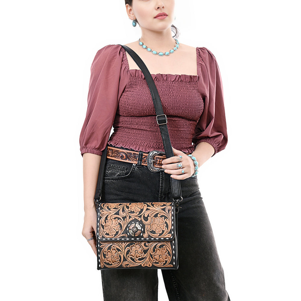 ADBG1494 Mini Black Hand Tooled Floral Leather Crossbody - Western Handmade Bag by American Darling