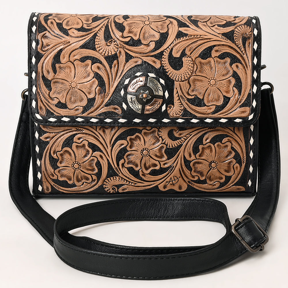 ADBG1494 Mini Black Hand Tooled Floral Leather Crossbody - Western Handmade Bag by American Darling