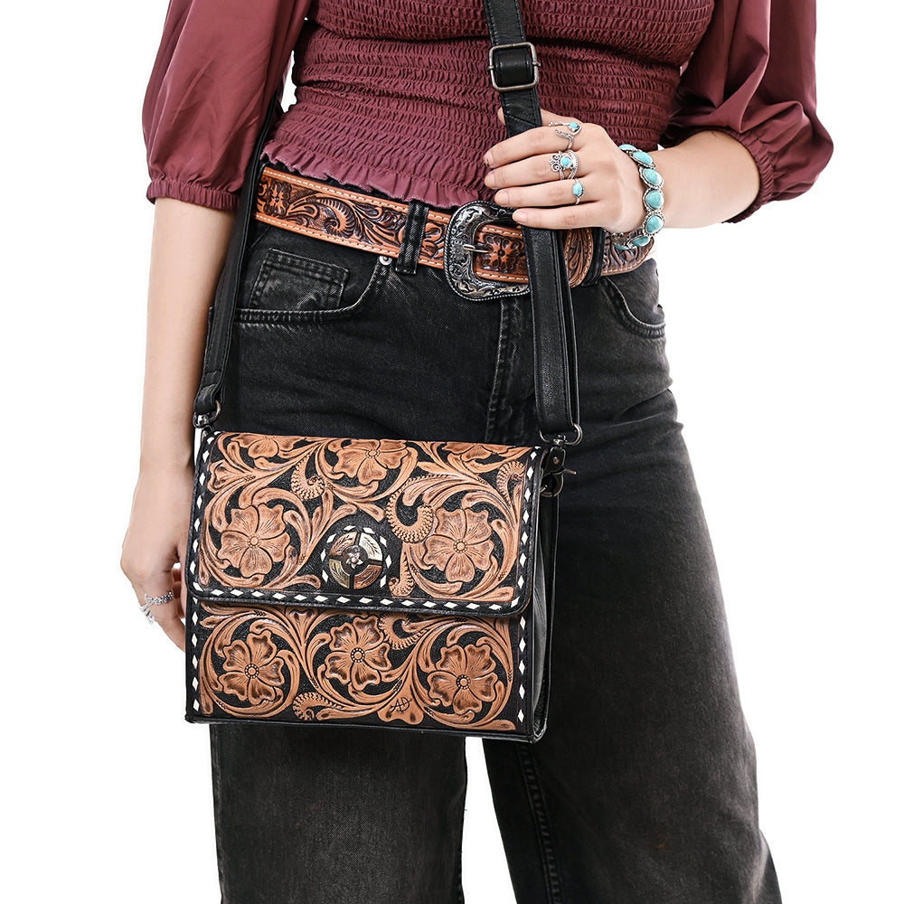 ADBG1494 Mini Black Hand Tooled Floral Leather Crossbody - Western Handmade Bag by American Darling