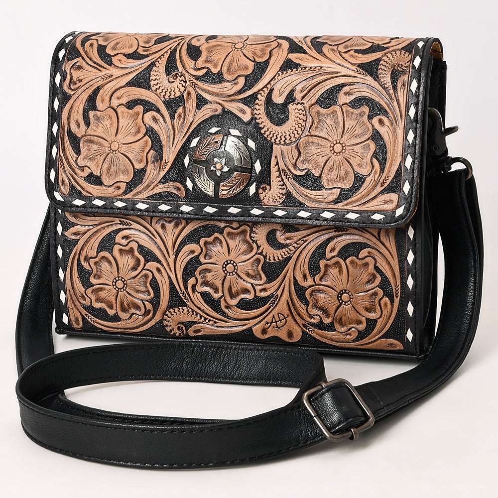 ADBG1494 Mini Black Hand Tooled Floral Leather Crossbody - Western Handmade Bag by American Darling
