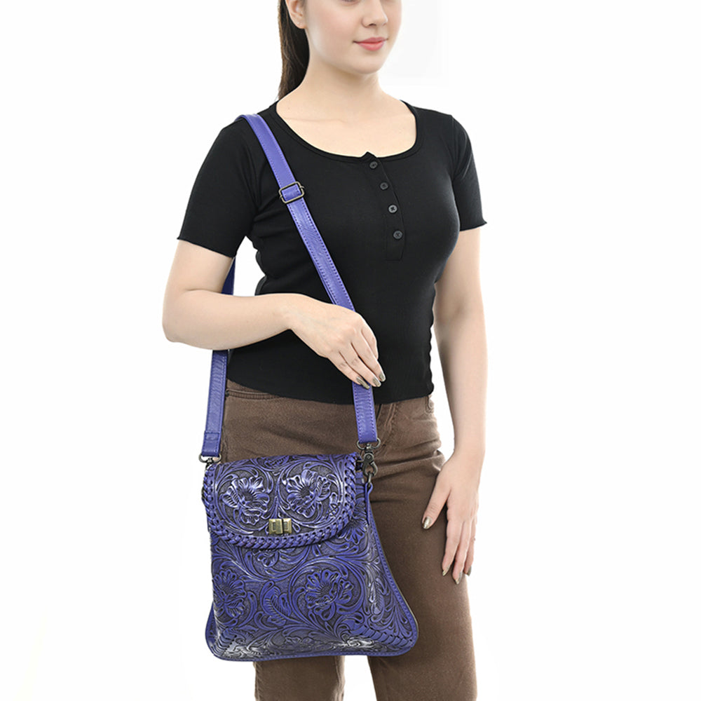 ADBG1496 Hand-Tooled Leather Crossbody Bag - Western Floral with Whipstitch & Turn Lock