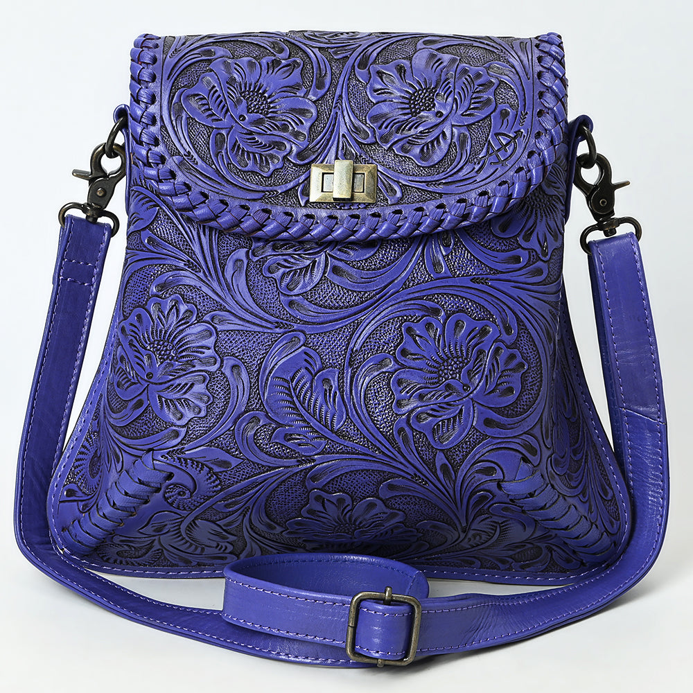 ADBG1496 Hand-Tooled Leather Crossbody Bag - Western Floral with Whipstitch & Turn Lock