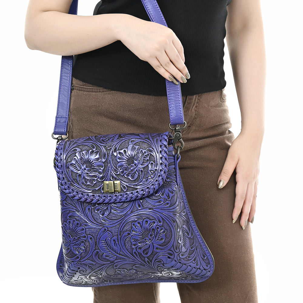 ADBG1496 Hand-Tooled Leather Crossbody Bag - Western Floral with Whipstitch & Turn Lock