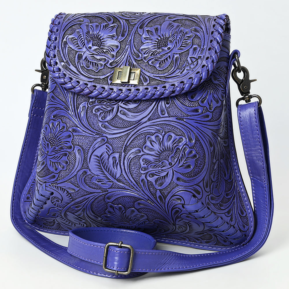 ADBG1496 Hand-Tooled Leather Crossbody Bag - Western Floral with Whipstitch & Turn Lock
