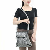ADBG1496 Hand-Tooled Leather Crossbody Bag - Western Floral with Whipstitch & Turn Lock
