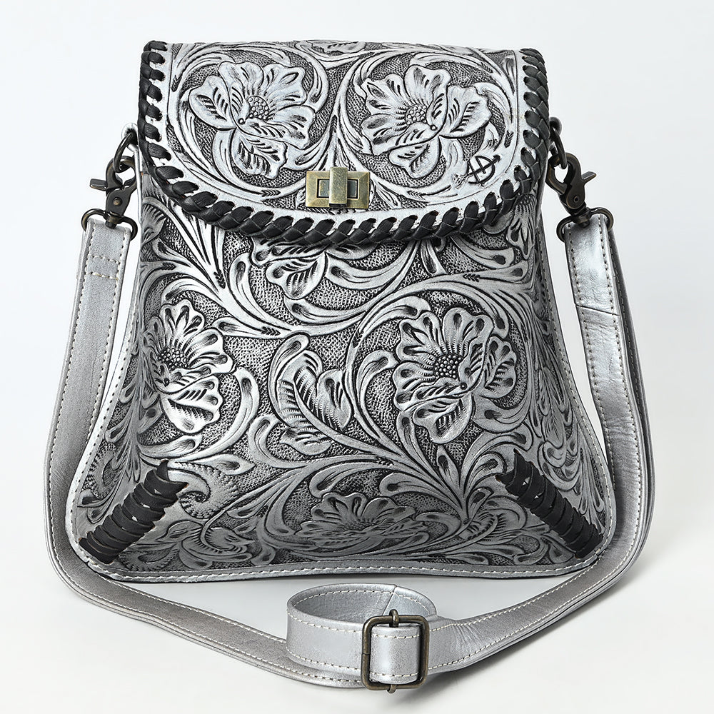 ADBG1496 Hand-Tooled Leather Crossbody Bag - Western Floral with Whipstitch & Turn Lock
