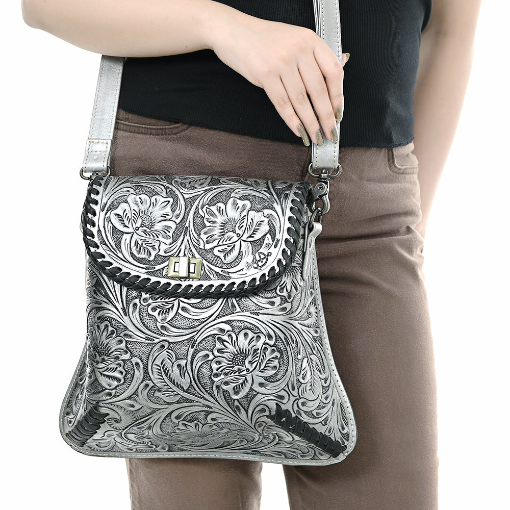 ADBG1496 Hand-Tooled Leather Crossbody Bag - Western Floral with Whipstitch & Turn Lock