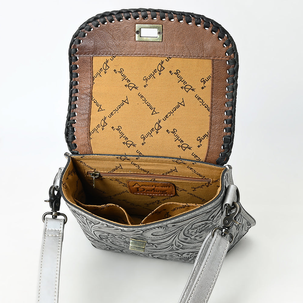 ADBG1496 Hand-Tooled Leather Crossbody Bag - Western Floral with Whipstitch & Turn Lock