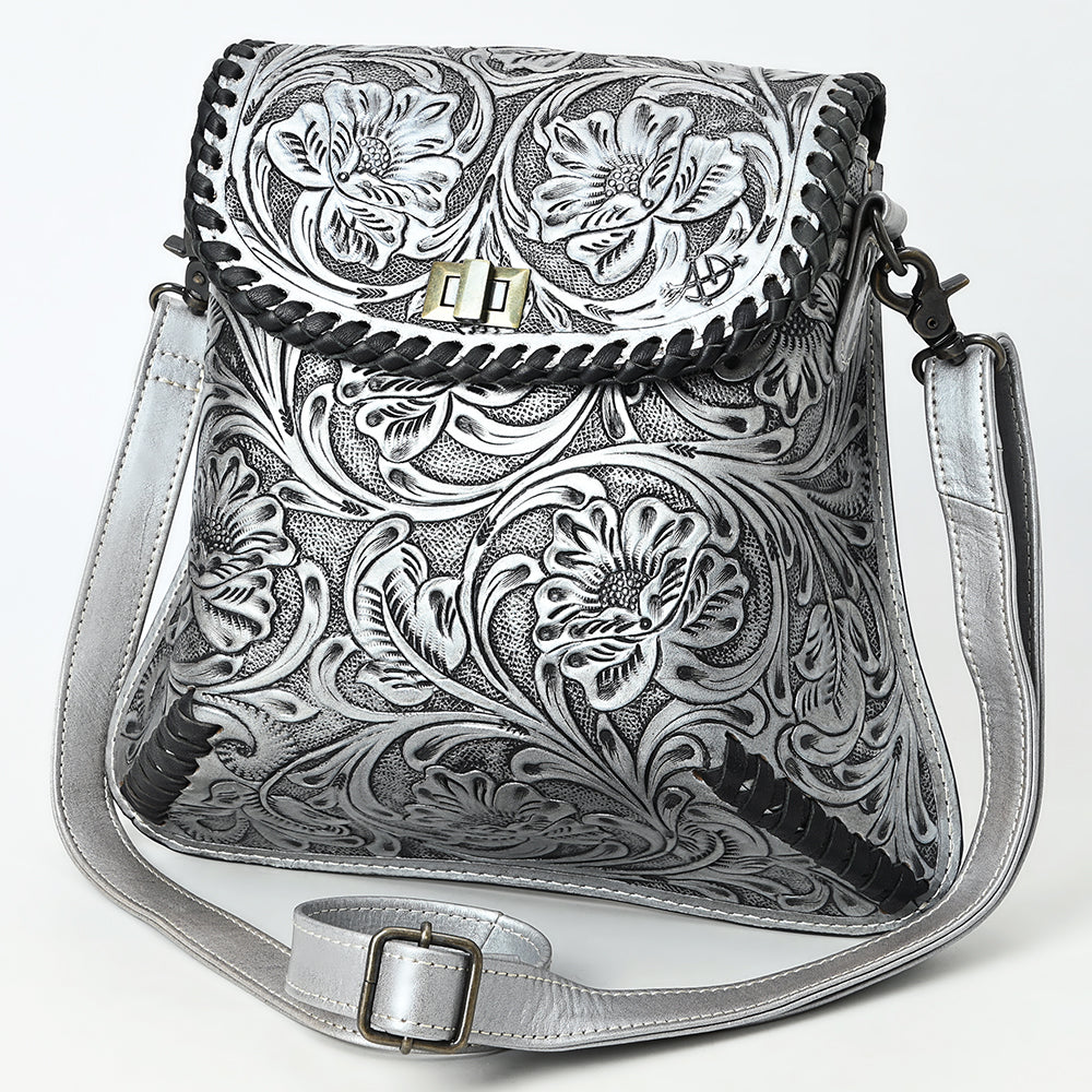 ADBG1496 Hand-Tooled Leather Crossbody Bag - Western Floral with Whipstitch & Turn Lock