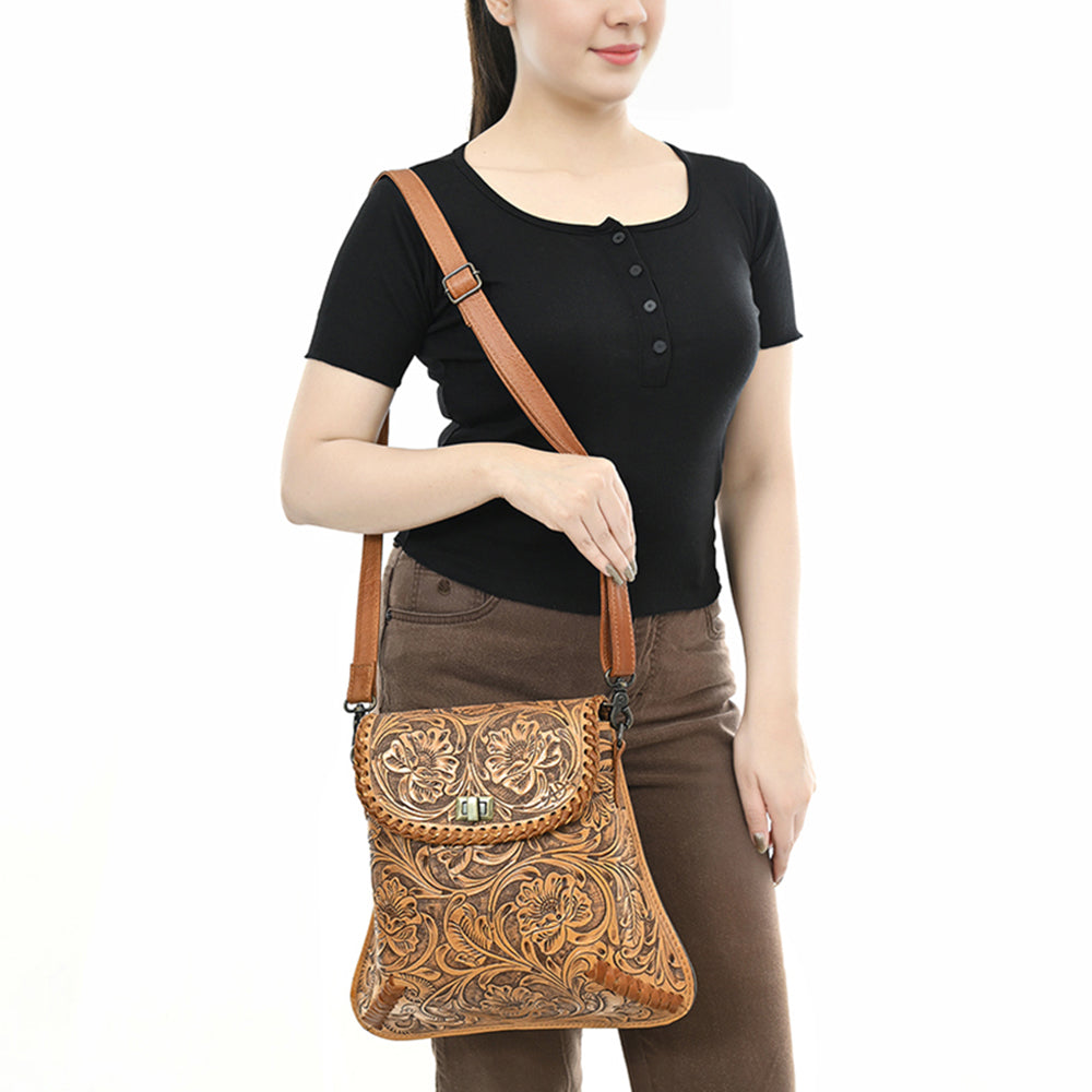ADBG1496 Hand-Tooled Leather Crossbody Bag - Western Floral with Whipstitch & Turn Lock