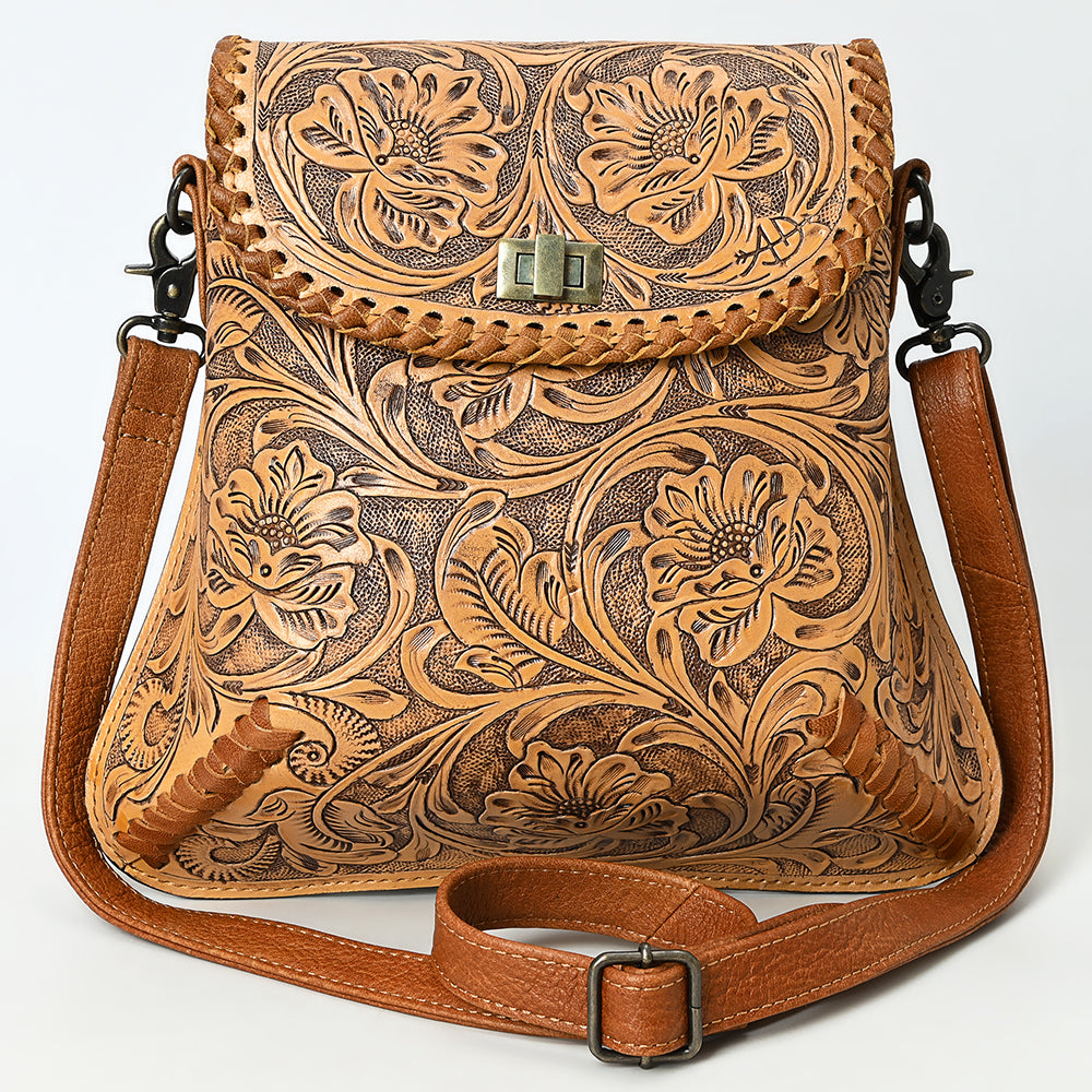 ADBG1496 Hand-Tooled Leather Crossbody Bag - Western Floral with Whipstitch & Turn Lock