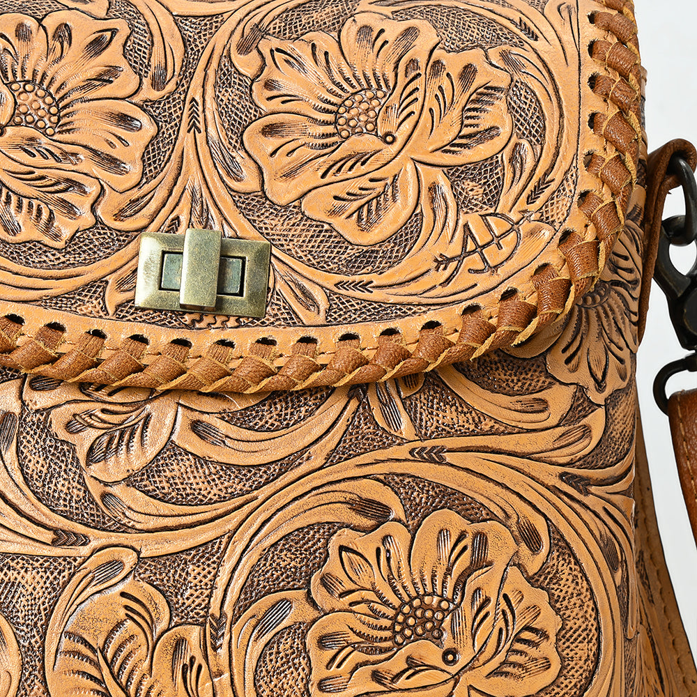 ADBG1496 Hand-Tooled Leather Crossbody Bag - Western Floral with Whipstitch & Turn Lock
