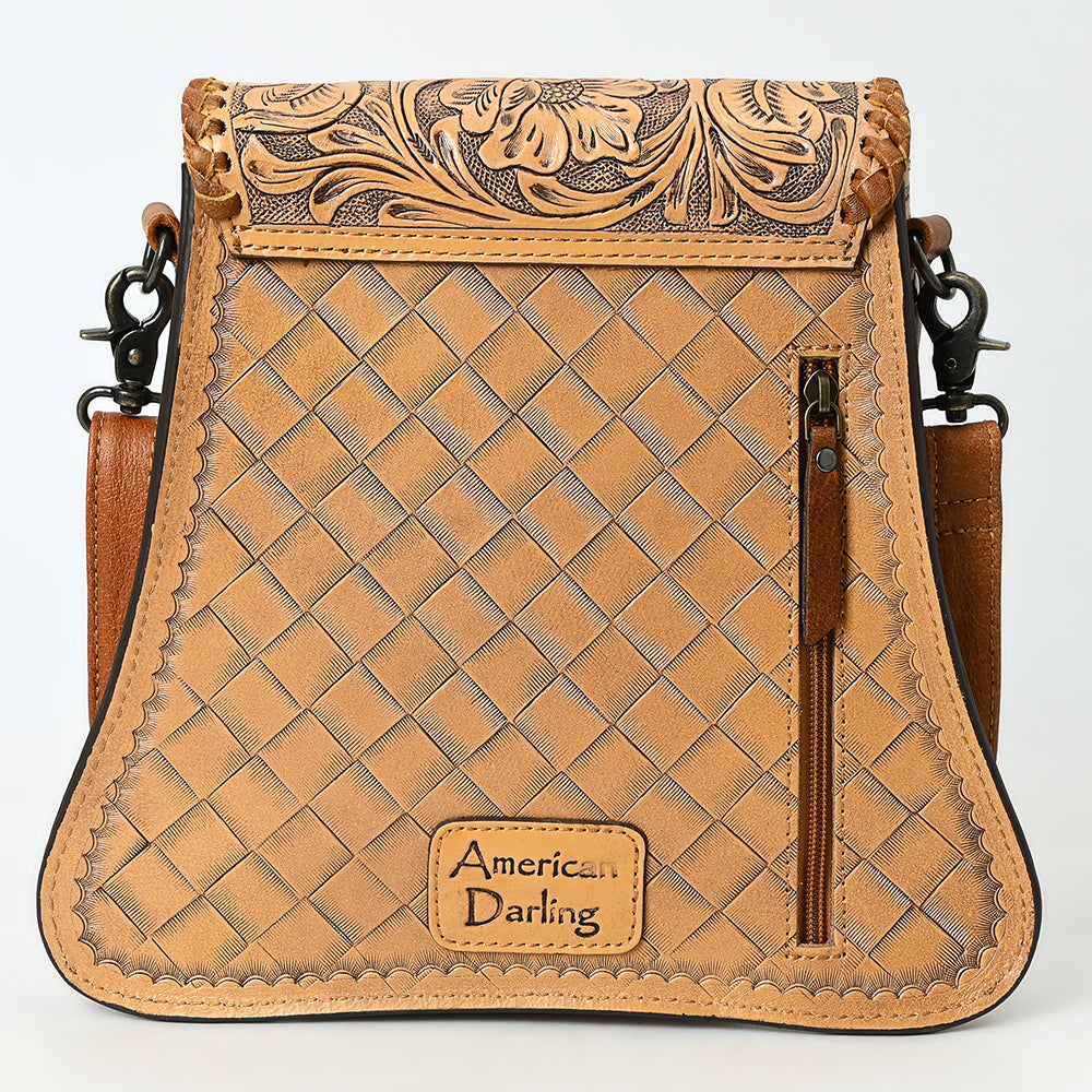 ADBG1496 Hand-Tooled Leather Crossbody Bag - Western Floral with Whipstitch & Turn Lock