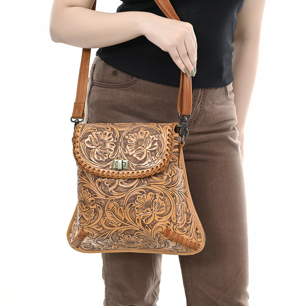 ADBG1496 Hand-Tooled Leather Crossbody Bag - Western Floral with Whipstitch & Turn Lock
