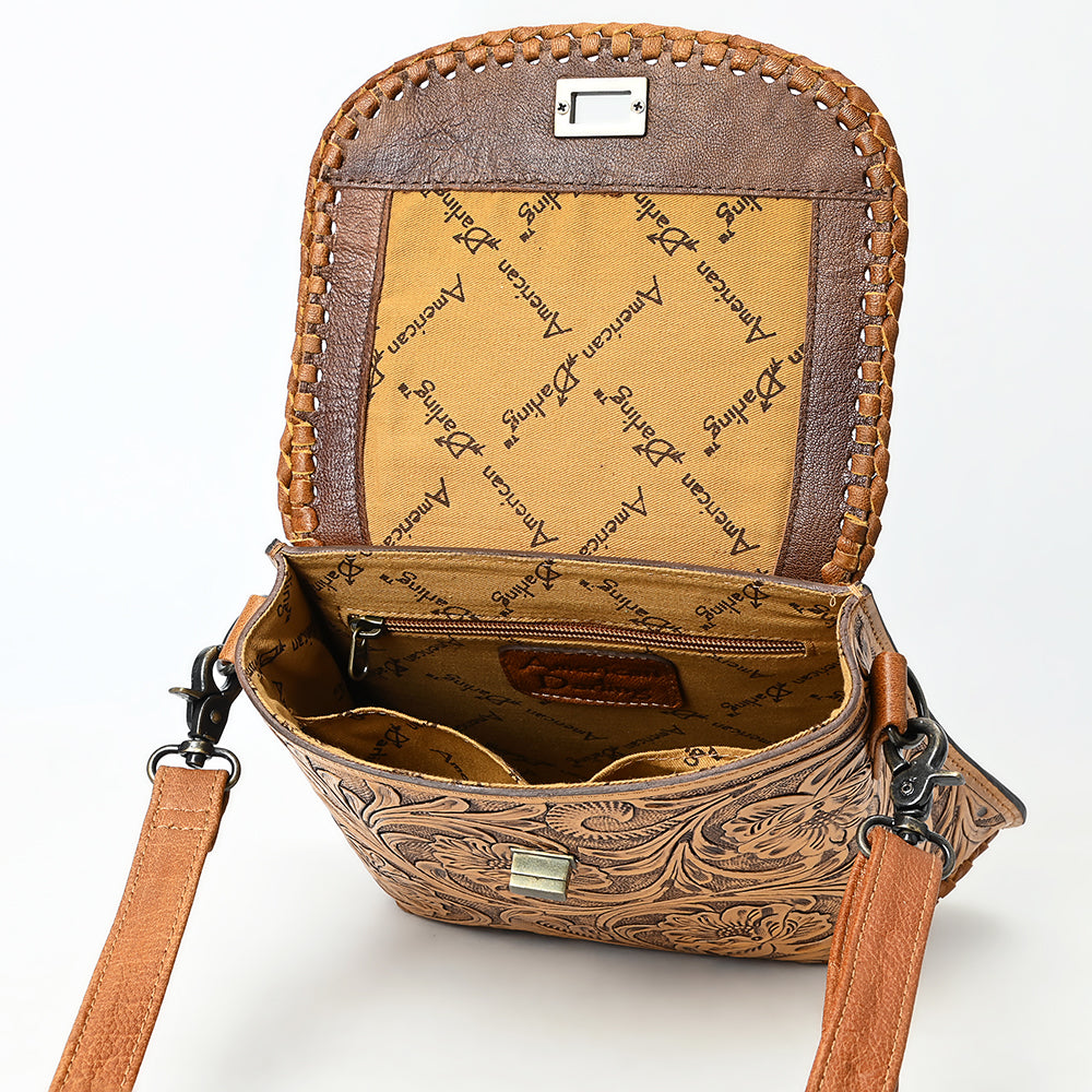 ADBG1496 Hand-Tooled Leather Crossbody Bag - Western Floral with Whipstitch & Turn Lock