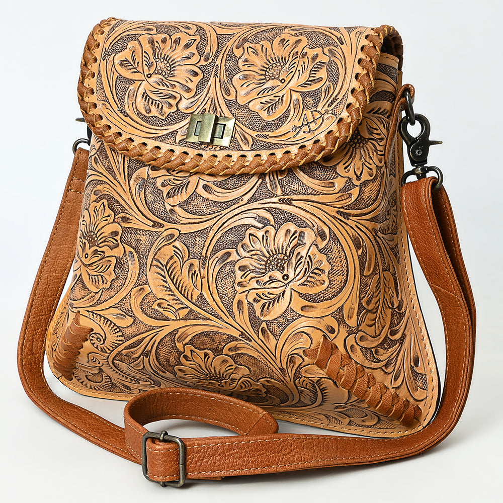 ADBG1496 Hand-Tooled Leather Crossbody Bag - Western Floral with Whipstitch & Turn Lock