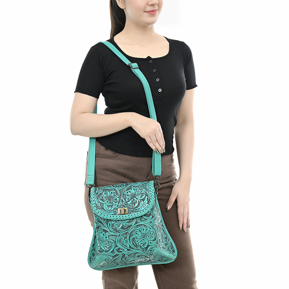 ADBG1496 Hand-Tooled Leather Crossbody Bag - Western Floral with Whipstitch & Turn Lock