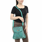 ADBG1496 Hand-Tooled Leather Crossbody Bag - Western Floral with Whipstitch & Turn Lock