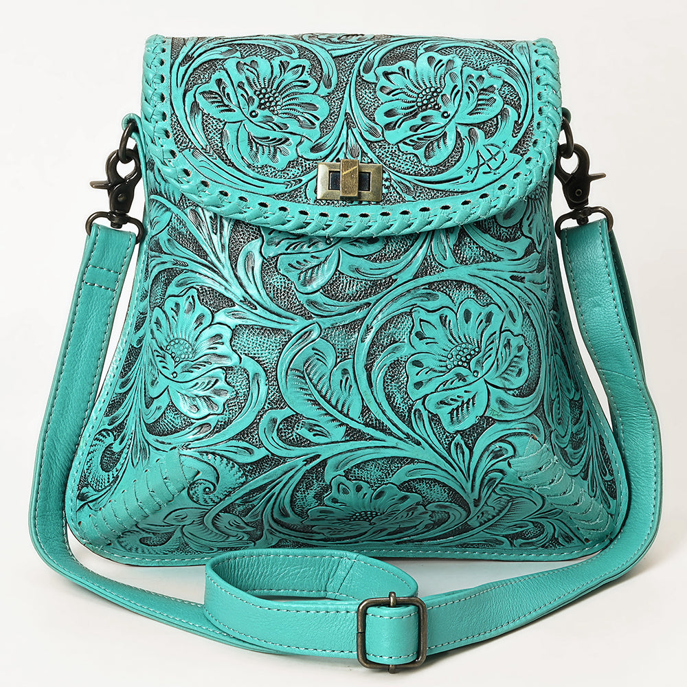 ADBG1496 Hand-Tooled Leather Crossbody Bag - Western Floral with Whipstitch & Turn Lock