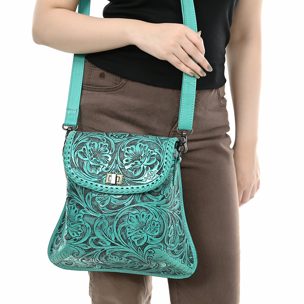 ADBG1496 Hand-Tooled Leather Crossbody Bag - Western Floral with Whipstitch & Turn Lock