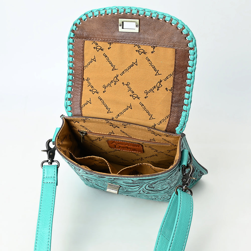ADBG1496 Hand-Tooled Leather Crossbody Bag - Western Floral with Whipstitch & Turn Lock