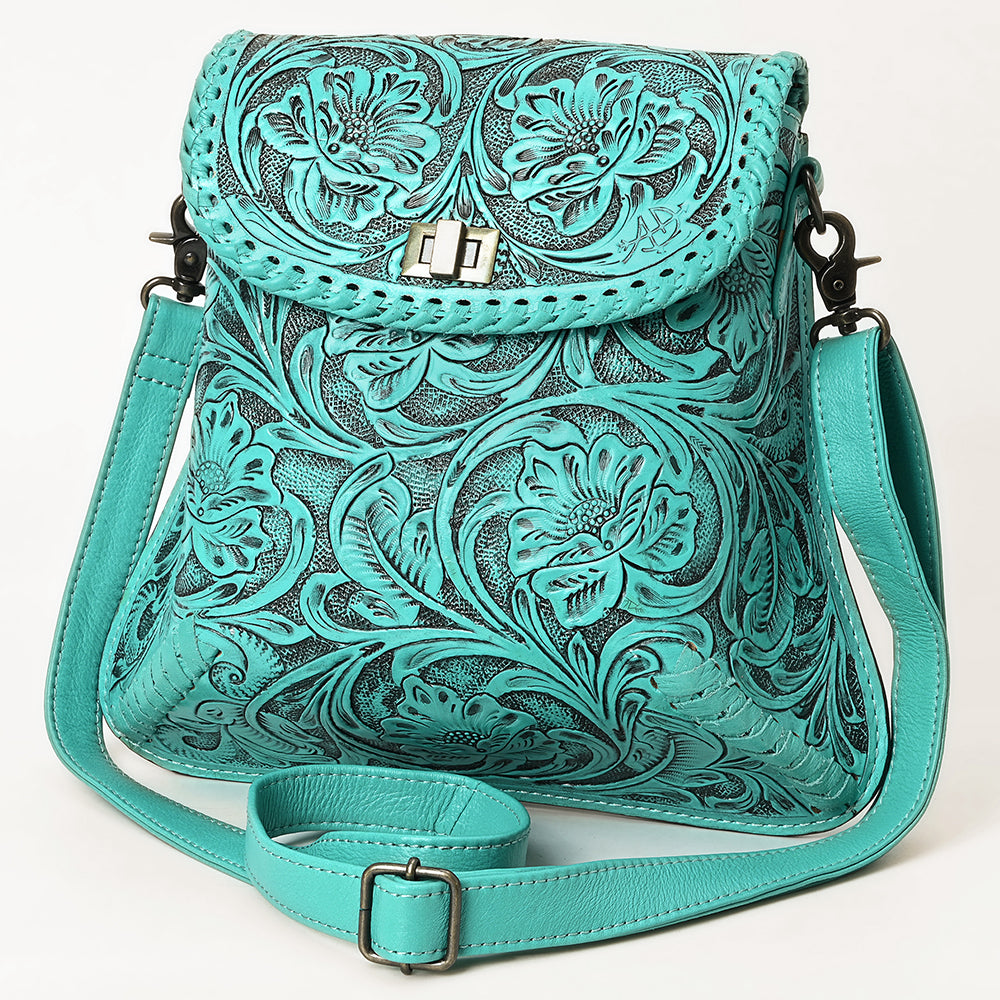 ADBG1496 Hand-Tooled Leather Crossbody Bag - Western Floral with Whipstitch & Turn Lock
