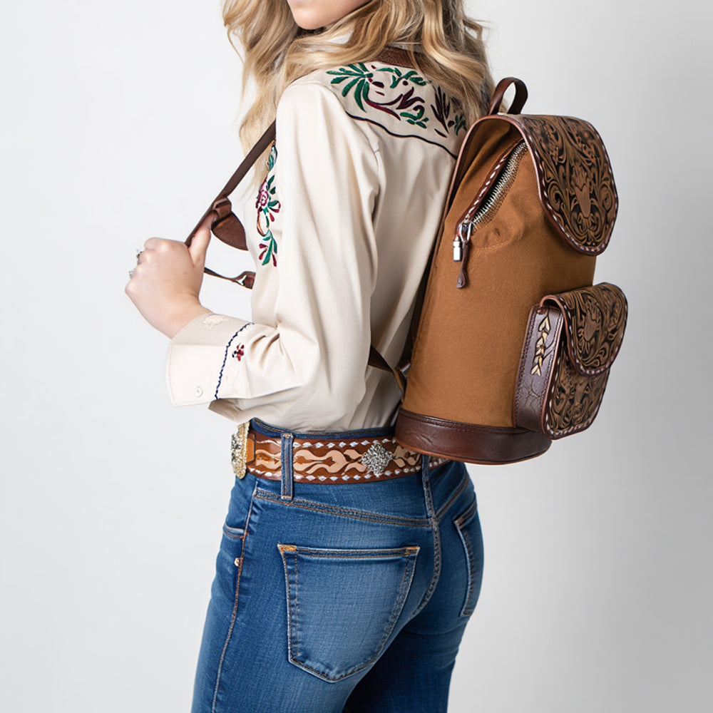ADBG1498 Hand Tooled Western Leather Backpack - Artisan Floral Cowhide Bag by American Darling