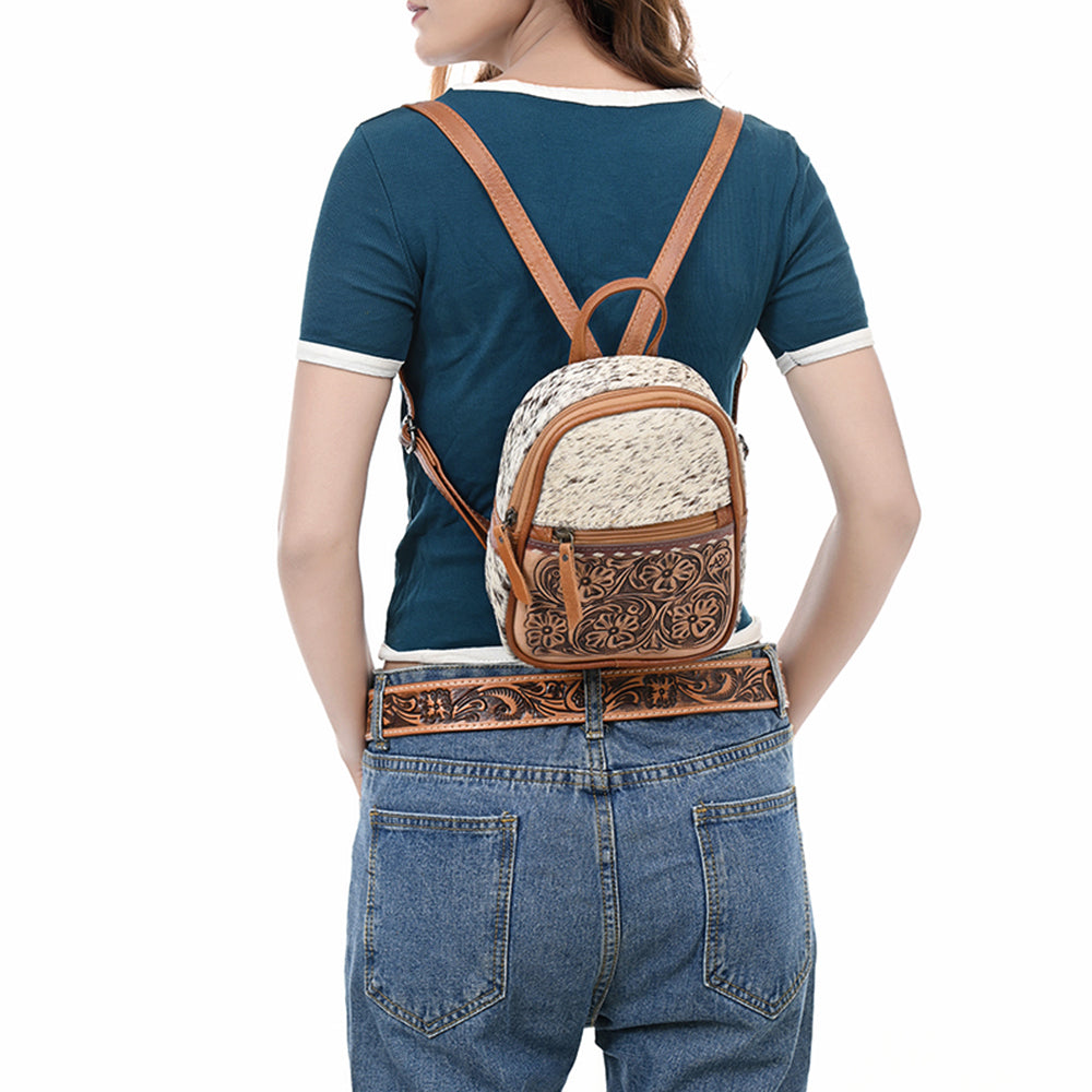 ADBG1499 Mini Cowhide Leather Backpack - Hand-Tooled Floral Front Pocket | Western Style