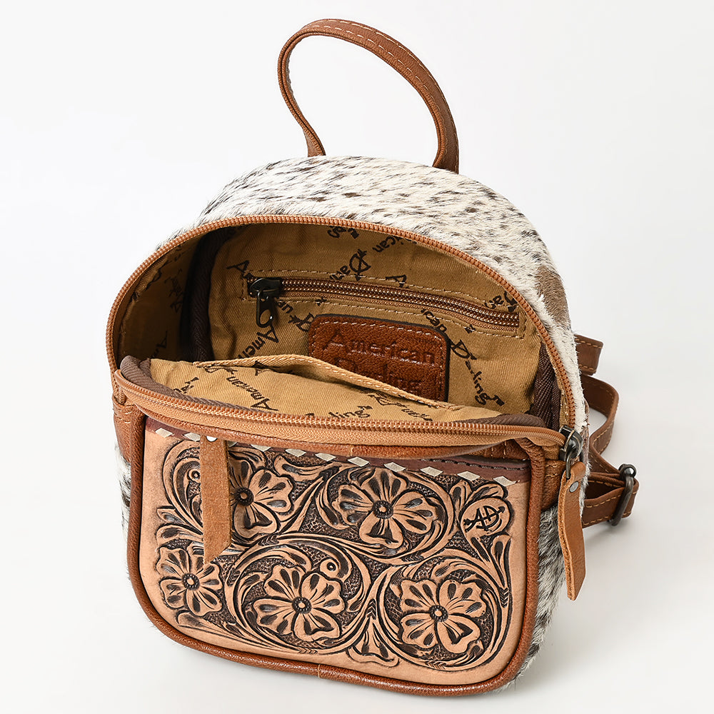 ADBG1499 Mini Cowhide Leather Backpack - Hand-Tooled Floral Front Pocket | Western Style