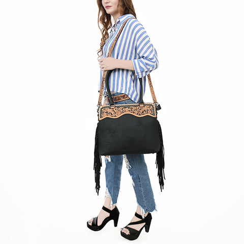 American Darling Black Western Leather Tote Bag with Hand-Tooled Floral Panel & Fringe Accents
