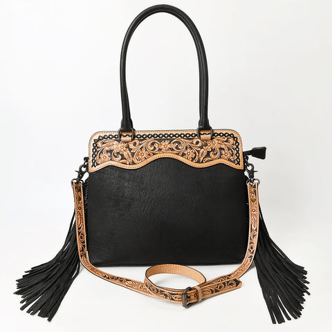 American Darling Black Western Leather Tote Bag with Hand-Tooled Floral Panel & Fringe Accents