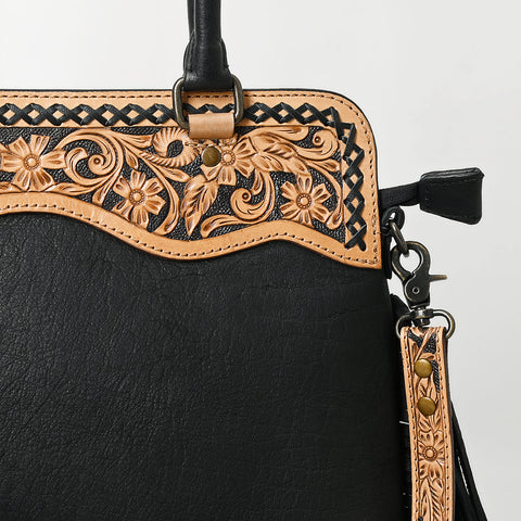 American Darling Black Western Leather Tote Bag with Hand-Tooled Floral Panel & Fringe Accents