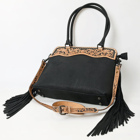 American Darling Black Western Leather Tote Bag with Hand-Tooled Floral Panel & Fringe Accents