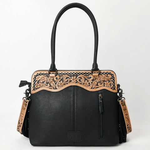American Darling Black Western Leather Tote Bag with Hand-Tooled Floral Panel & Fringe Accents