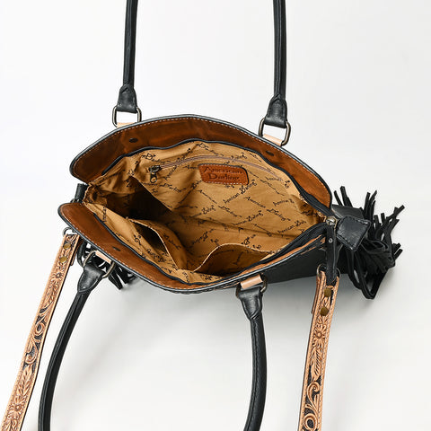 American Darling Black Western Leather Tote Bag with Hand-Tooled Floral Panel & Fringe Accents