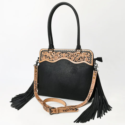 American Darling Black Western Leather Tote Bag with Hand-Tooled Floral Panel & Fringe Accents