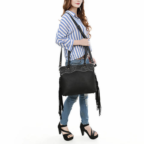 American Leather Western Leather Tote Bag with Hand-Tooled Floral Panel & Fringe Details