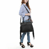 ADBG1501 Black Tooled Leather Tote Bag - Western Fringe & Floral Yoke Design