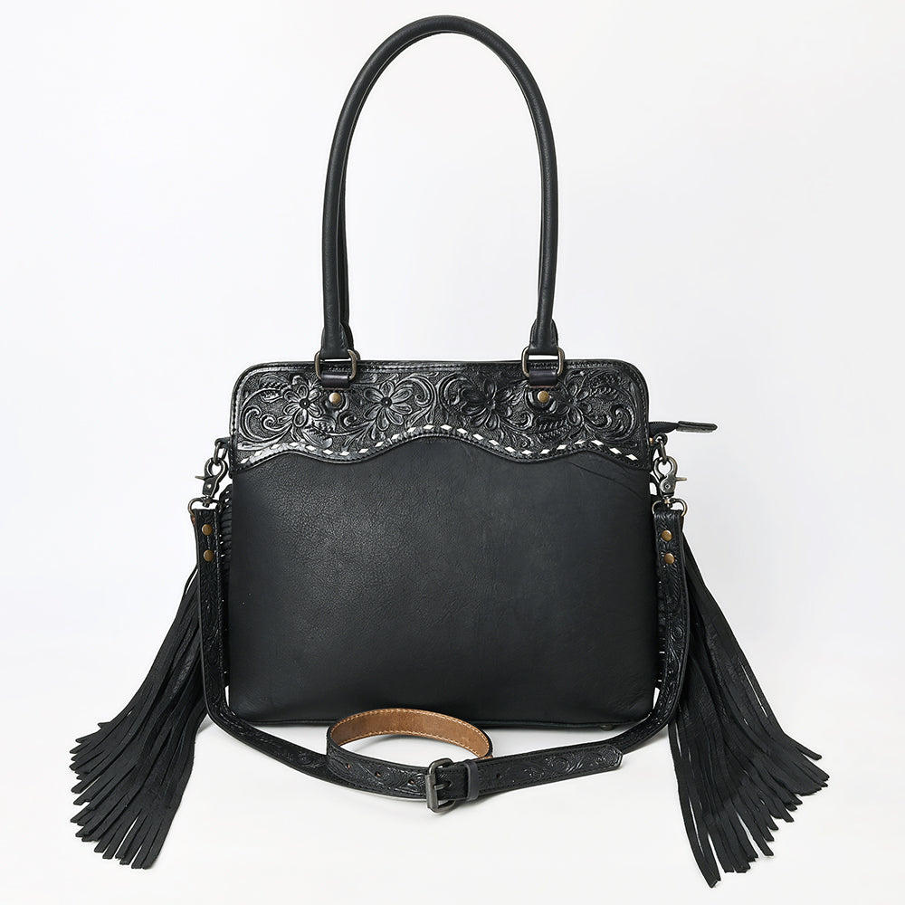 ADBG1501 Black Tooled Leather Tote Bag - Western Fringe & Floral Yoke Design