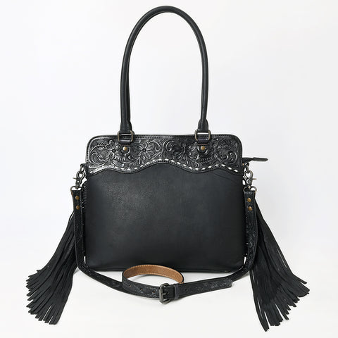 American Leather Western Leather Tote Bag with Hand-Tooled Floral Panel & Fringe Details