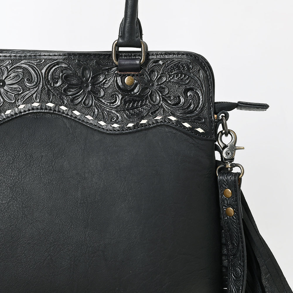 ADBG1501 Black Tooled Leather Tote Bag - Western Fringe & Floral Yoke Design