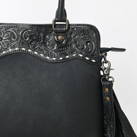 American Leather Western Leather Tote Bag with Hand-Tooled Floral Panel & Fringe Details