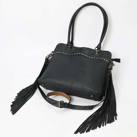 American Leather Western Leather Tote Bag with Hand-Tooled Floral Panel & Fringe Details