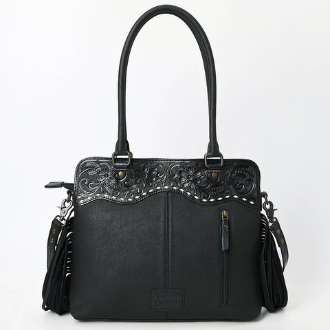 American Leather Western Leather Tote Bag with Hand-Tooled Floral Panel & Fringe Details
